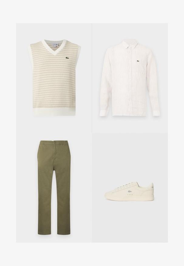 Chaleco de punto sin mangas en beige y blanco con cuello en V y pequeño logo verde de cocodrilo en el pecho.; Camisa de rayas de color claro con mangas largas, cuello abotonado y un pequeño logo verde en el bolsillo del pecho izquierdo. Material de algodón.; Pantalones de algodón ligeros de color verde oliva, con cintura elástica, cierre de botón y diseño de pierna recta. Sin patrones ni detalles visibles.; Zapatilla color crema con textura suave, forma redondeada, diseño de cordones, perforaciones sutiles y un logo plateado en el lateral.
