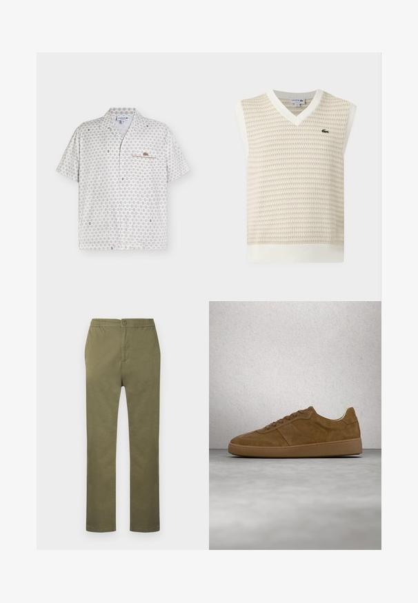 Gilet sans manches en maille beige et blanche avec col en V et petit logo crocodile vert sur la poitrine.; Chemise blanche à manches courtes avec un petit motif beige, une poche poitrine et un logo crocodile Lacoste marron sur la poche.; Pantalon en coton léger de couleur vert olive avec une taille élastiquée, une fermeture à boutons, et une coupe droite. Pas de motifs ou accents visibles.; Baskets en daim marron avec des lacets couleur fauve et une semelle en caoutchouc. Présente un bout arrondi et des détails cousus sur la tige. Design léger.