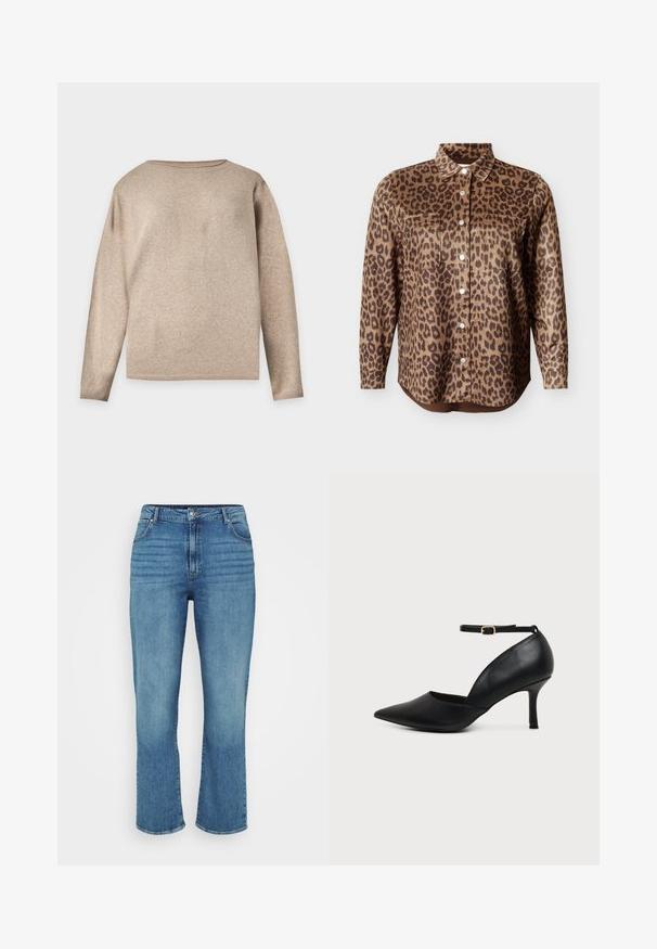 Pull en maille beige à manches longues avec un col rond et des poignets ainsi qu'un bas côtelés, présenté sur un fond clair uni.; Chemise à manches longues à imprimé léopard avec deux poches poitrine et un col pointu sur fond uni.; Jean en denim bleu clair avec une coupe droite, comportant cinq poches, des passants de ceinture et un léger délavage sur le devant.; Chaussure en cuir noir à bout pointu avec talon kitten, bride à la cheville et boucle dorée sur fond neutre.