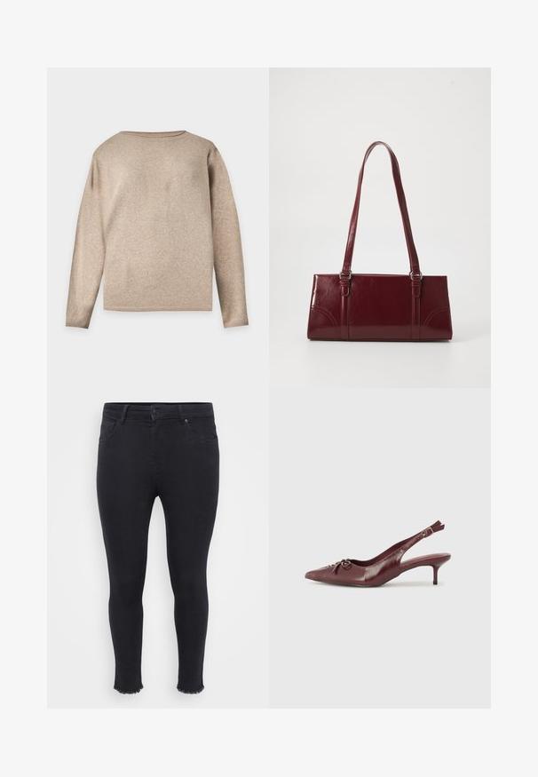 Beige langærmet strikket trøje med rund halsudskæring og ribstrikkede manchetter og kant, vist på en ensfarvet lys baggrund.; Sorte tætsiddende jeans lavet af denim med en frynset kant ved anklen, to forlommer og en knaplukning i taljen.; Bordeaux læder slingback hæl med spidse tå, justerbar rem og dekorativ sløjfedetalje foran. 7,5 cm hælhøjde.; Bordeaux håndtaske lavet af glansfuldt materiale, rektangulær form, med to skulderremme og subtile buede detaljer på forsiden.