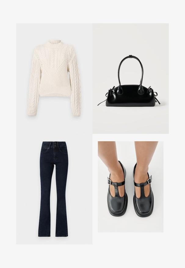 Pull en tricot blanc avec un col haut, présentant des motifs en torsade complexes sur les manches et le corps, et un ourlet court.; Jean évasé bleu foncé à taille haute, fermeture à deux boutons, cinq poches et texture denim lisse.; Chaussures en cuir noir avec un design à bride en T, bout fermé et accents de boucles argentées. Texture lisse avec un bout arrondi et une semelle plate.; Petit sac à main noir brillant avec deux longues anses et des détails à cordon sur les côtés sur un fond clair uni.