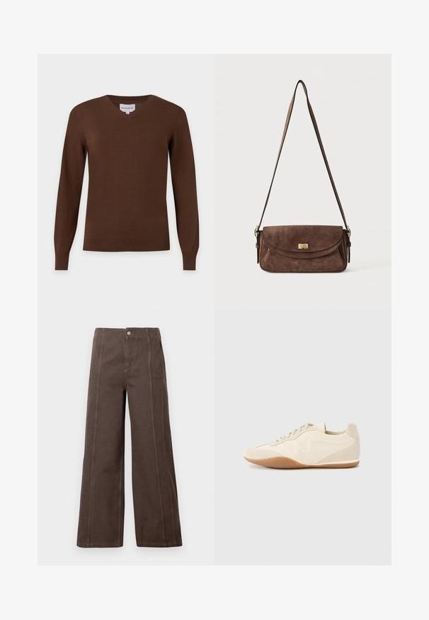 Brun langærmet V-hals sweater med ribbet manchetter og kant, vist på en ensartet lys baggrund.; Brune viddebukser lavet af glat stof, med sømme foran og en enkelt metalknap lukning i taljen.; Lyse beige sneakers med en tekstureret læderoverdel, teksturerede sider og en gummisål. Har et slankt, strømlinet design og flade snørebånd.; Brun ruskind skuldertaske med en lang, justerbar strop og en guldfarvet drejelås på frontklappen.