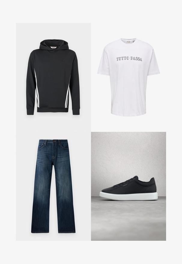 Sweat à capuche noir avec manches longues, bandes blanches sur les côtés et un petit logo noir sur la poitrine. Texture de tissu lisse.; T-shirt blanc à manches courtes avec col rond et texte noir "TUTTO PASSA" imprimé sur la poitrine.; Jeans en denim bleu foncé avec une coupe droite, présentant une texture légère, des passants de ceinture, et un style classique à cinq poches.; Baskets en cuir navy avec une semelle en caoutchouc blanc, bout rond, lacets plats et un discret détail de marque sur le côté. Surface texturée.