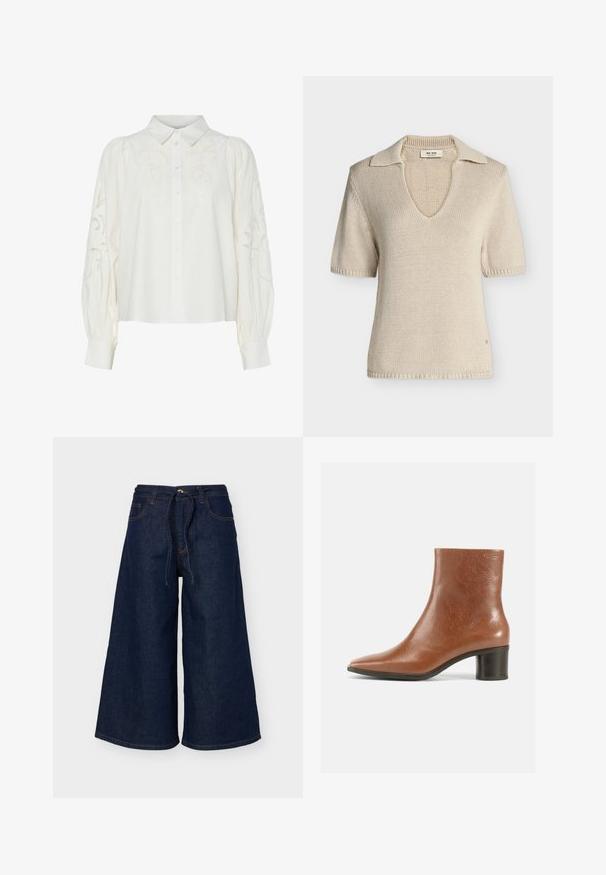 Top de punto beige de manga corta con escote en V y cuello abierto, tejido texturizado y una pequeña etiqueta de marca en el interior del escote.; Camisa blanca de botones con estampados florales bordados en el frente y las mangas. Cuenta con mangas abullonadas y un cuello clásico.; Pantalones vaqueros de pierna ancha en azul oscuro con bolsillos delanteros, trabillas para el cinturón y un cinturón de tela en la cintura, mostrados sobre un fondo liso.; Botín de cuero marrón con punta puntiaguda, acabado texturizado y tacón medio tipo bloque. Diseño sencillo sin herrajes ni patrones visibles.