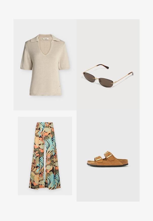 Haut en maille beige à manches courtes avec col en V et col ouvert, tissu texturé, petite étiquette de marque à l'intérieur de l'encolure.; Pantalon à jambes larges avec imprimé de feuilles tropicales en aqua, orange, olive, beige et noir sur un tissu léger.; Sandales en suède marron à deux brides avec boucles dorées, semelle intérieure en liège et semelle extérieure noire texturée, présentant un design simple et ouvert.; Lunettes de soleil sans monture élégantes avec des verres marron foncé, des branches fines dorées ornées de petits cristaux, et des embouts en écaille de tortue.