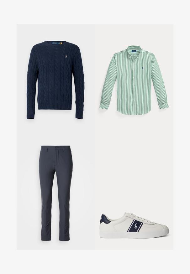 Tmavomodrý sveter s vrkočovým vzorom, dlhými rukávmi a okrúhlym výstrihom, s malým bielym logom Polo Ralph Lauren na hrudi.; Košeľa s dlhým rukávom, zelené vertikálne pruhy, golier na gombíky a malé modré logo na ľavej strane hrudníka.; Námornícke strečové nohavice so slim strihom, hladkou textúrou, prednými vreckami a zapínaním na gombík. Navrhnuté pre pohodlie a pohyblivosť.; Biele nízke tenisky s námorníckym modrým pásikom a logom na boku, s námorníckym modrým pätovým pásikom, plochou bielou podrážkou a bielymi šnúrkami.