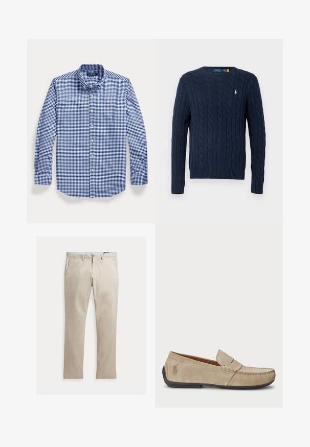 Marineblauwe kabelgebreide trui met lange mouwen en een ronde halslijn, met een klein wit Polo Ralph Lauren-logo op de borst.; Blauw-wit geruit overhemd met lange mouwen, knopen, kraag en geborduurd logo op de linker borst.; Beige katoenen broek met rechte pijpen, voorzakken, riemlussen, knoopsluiting en ritssluiting, plat liggend op een witte achtergrond.; Beige suède instappers met een gestikt detail, platte rubberen zool en een klein logo aan de zijkant. Klassiek instapontwerp, zachte textuur.