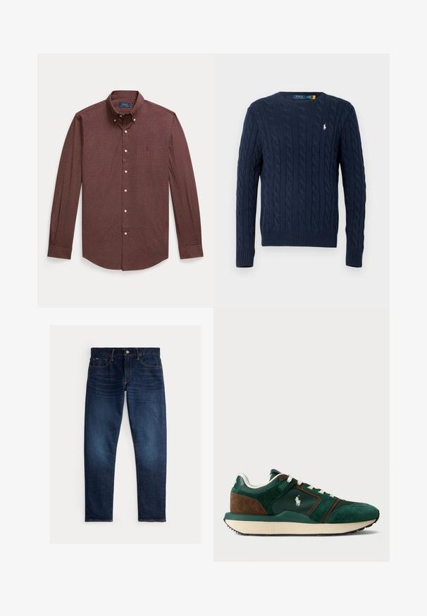 Laivastonsininen palmikkoneulepusero pitkillä hihoilla ja pyöreällä pääntiellä, jossa pieni valkoinen Polo Ralph Lauren -logo rinnassa.; Punainen ja tummansininen napitettava paita, jossa on pieni geometrinen kuvio, pitkät hihat ja klassinen kaulus. Edessä pieni logo rinnassa.; Tummin siniset farkut suoralla lahjemallilla, joissa on klassinen viiden taskun asettelu ja kontrastisaumaus. Etupuolella näkyvä nappisuljenta.; Miesten tummanvihreät ja ruskeat nahkakengät, joissa on verkko-osat, valkoiset nauhat ja kumipohja. Sivulla on logo.