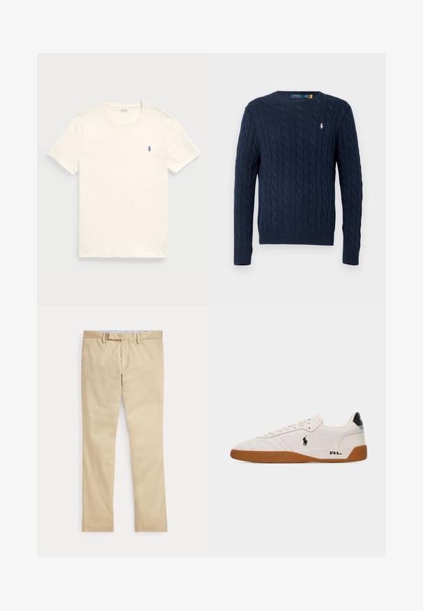 Jersey de punto trenzado azul marino con mangas largas y cuello redondo, con un pequeño logotipo blanco de Polo Ralph Lauren en el pecho.; Camiseta de algodón color crema con cuello redondo y mangas cortas. Presenta un pequeño logo bordado en azul en el lado izquierdo del pecho.; Pantalones beige de corte recto con trabillas para cinturón y cremallera frontal, colocados planos sobre un fondo blanco.; Zapatilla blanca de estilo bajo con suela de goma marrón, logo negro de Polo Ralph Lauren en el lateral y texto "RL" en la parte del talón.