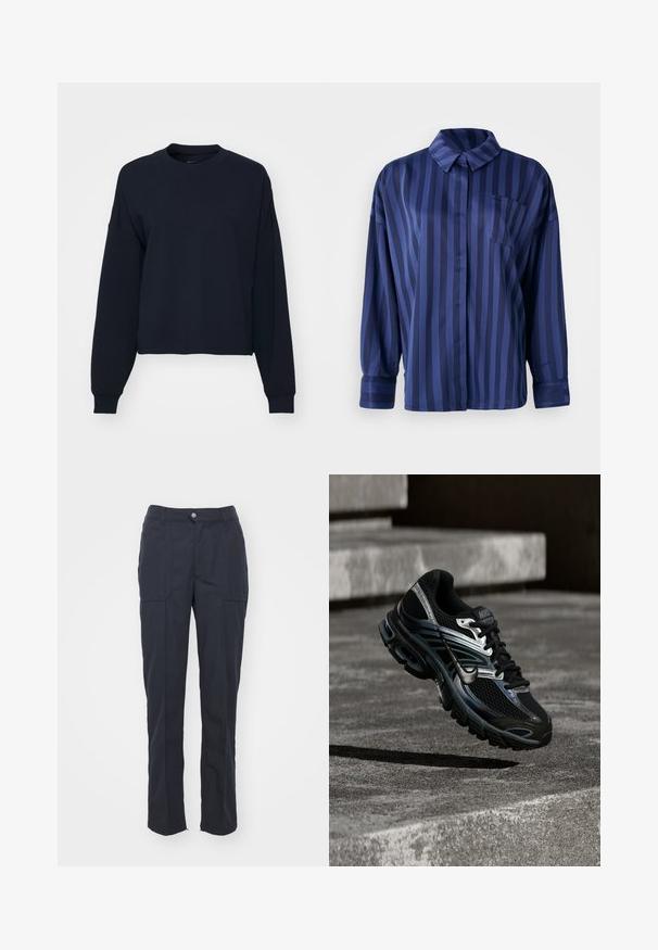 Sudadera azul marino con mangas largas, cuello redondo y un corte cropped. Fabricada con una tela suave, cuenta con puños y dobladillo acanalados.; Camisa a rayas azul marino con cuello, bolsillo en el pecho y mangas largas. Confeccionada en una tela suave y brillante con un corte holgado.; Pantalones oscuros de color marino con corte recto, que cuentan con dos bolsillos frontales, cierre de botón y una textura de tela suave.; Zapatilla de running Nike negra y plateada flotando sobre escalones de hormigón, mostrando diseño detallado y suela texturizada en un entorno exterior.