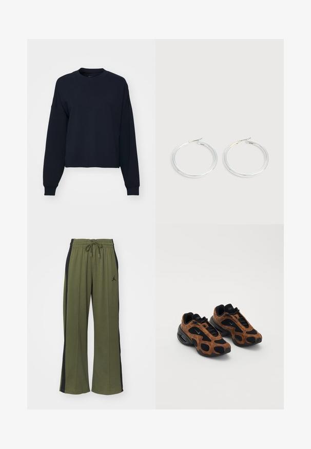 Marineblauwe sweatshirt met lange mouwen, ronde hals en een cropped fit. Gemaakt van zacht materiaal met geribde manchetten en zoom.; Groene joggingbroek met zwarte zijpanelen, elastische tailleband en trekkoord. Heeft een klein zwart logo op het linkerpoot. Zachte stoftextuur.; Bruine suède en zwarte gaas sneakers met een afgeronde vorm, met opvallende uitsparingen en een stevige zwarte zool.; Een paar glanzende zilveren oorringen met dunne draadafsluitingen, getoond op een lichtgrijze achtergrond.