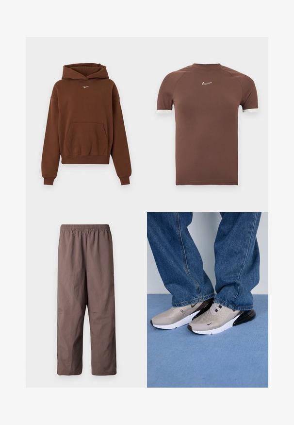 Pruun Nike kapuutsiga dressipluus, millel on ees kängurutasku, pikad varrukad, soonikulised mansetid ja kapuuts, valgel taustal esitatud.; Pruun lühikeste varrukatega särk, mis on valmistatud siidisest kangast, millel on kõrge kaelus ja valged aktsendid varrukaotsadel ning väike logo rinnal.; Pruunid, kerged püksid elastse vöökohaga, lühemate säärtega ja nööpidega mansettidega. Sile pind ja minimalistlik disain.; Hallid hallid spordijalatsid, millel on võrkmaterjalist ülemine osa, mustad aktsendid ja valge talla osa. Kandmine koos lahtiste siniste teksadega, mis katab osaliselt jalanõude servi.