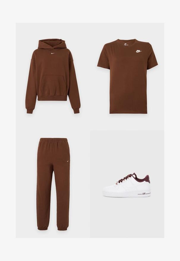 Pruun Nike kapuutsiga dressipluus, millel on ees kängurutasku, pikad varrukad, soonikulised mansetid ja kapuuts, valgel taustal esitatud.; Pruun lühikeste varrukatega Nike T-särk valge Nike logoga vasakul rinnal ja ümmarguse kaelusega, esitatud lihtsal taustal.; Pruunid Nike dressipüksid elastse vöökoha ja varrukatega, millel on väike valge Nike logoga märk vasaku jala ülaosas.; Valged nahast jooksujalanõud tumepunaste aktsentidega, ümmarguste nööride, pehme krae ja tekstureeritud kummitaldadega. Küljele trükitud "AIR".