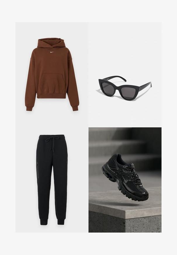 Brauner Nike-Hoodie mit vorderer Kängurutasche, langen Ärmeln, gerippten Bündchen und Kapuze, auf weißem Hintergrund dargestellt.; Schwarze Sweatpants mit einem Kordelzugbund, seitlichem Reißverschlusstaschen und schmal zulaufenden Säumen. Hergestellt aus weichem, strukturiertem Stoff.; Schwarzer Nike Laufschuh mit Mesh- und Synthetik-Obermaterial, der über einer Betonfläche und Treppen im Hintergrund schwebt.; Schwarze Cat-Eye-Sonnenbrille mit matter Oberfläche, grauen getönten Gläsern, scharfen Kanten und schlanken Bügeln. Der Markenname ist auf dem inneren Bügel sichtbar.