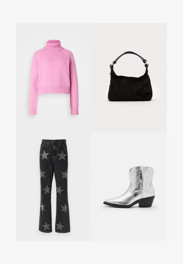 Vero Moda Tall VMMIRANDA - Svetrík - fuchsia pink; Čierne riflové nohavice so širokými nohavicami s ozdobnými striebornými hviezdami rôznych veľkostí. Vysoký pás, vrecká a zapínanie na gombík.; Strieborné kožené kovbojské čižmy s špicatou špičkou, prešitou detalizáciou na lýtkach a miernym čiernym podpätkom. Hladký a lesklý povrch.; Čierna kabelka z umelého kožušiny s jemnou textúrou, zaobleným tvarom a pevným čiernym koženým ramenným popruhom. Viditeľné akcenty zo strieborného kovu.