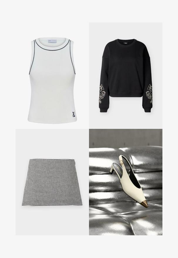 Sudadera negra de manga larga con cuello redondo, bordado floral blanco en ambas mangas y puños y dobladillo acanalados.; Camiseta de tirantes blanca con canalé y un escote alto, con acentos en azul marino a lo largo de los bordes. Presenta un pequeño logo en la parte inferior derecha. Tela elástica.; Falda mini en línea A con estampado de cuadros en blanco y negro y cierre de cremallera lateral sobre un fondo liso.; Zapato de tacón alto blanco con tiras traseras y puntera dorada en punta, exhibido sobre una superficie acolchada plateada metálica brillante.