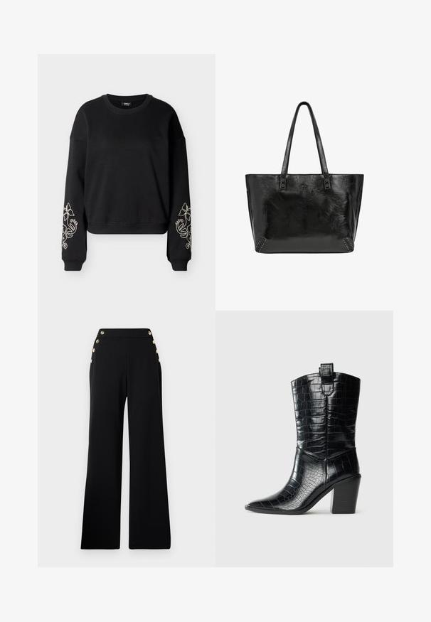 Sweatshirt noir à manches longues avec col rond, broderie florale blanche sur les deux manches, poignets et ourlet côtelés.; Pantalons noirs taille haute à jambe large avec des boutons en or sur le devant et des poches sur les deux hanches sur un fond blanc.; Botte western noire midi avec bouts pointus, talon carré, et texture en cuir verni gaufré crocodile sur fond blanc.; Sac fourre-tout en cuir noir brillant avec deux anses et de petites clous en métal dans les coins inférieurs.