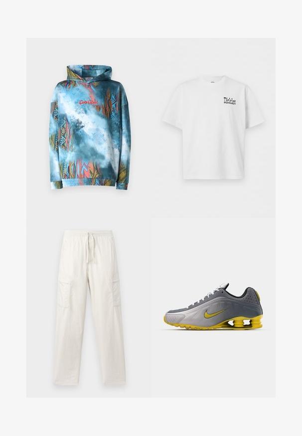 Hoodie met een blauw en veelkleurig abstract patroon. Glad stof, elastische manchetten en zoom, met een rood tekstontwerp.; Witte korte mouw T-shirt met ronde hals en een klein zwart "Dickies" logo op de bovenste linkerborst.; Lichtbeige cargobroek van katoenmix; met een elastische tailleband, trekkoord en twee zijzakken voor extra functionaliteit.; Nike Sportswear SHOX R4 SE UNISEX - Sneakers laag - vast grey/bright citron/light graphite/smoke grey/white/black