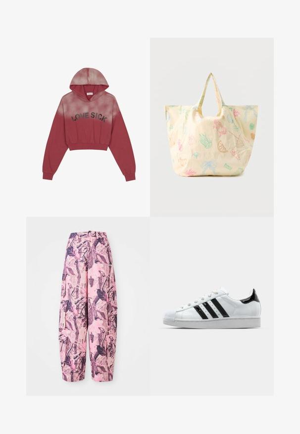 Even&Odd Sweatshirt - brown; Lyserøde og lilla mønstrede vide bukser har et blad- og grenmønster, med høj talje og sidelommer for ekstra funktionalitet.; Hvid sneakers med sorte laklæderdetaljer, tre sorte striber og en gummitoekappe. Har hvide snørebånd og en glat tekstur på overdelen.; Lysebeige genanvendelig mulepose med farverige havtema- og madtegninger, herunder krabbe, muslinger, jordbær, citronstykke og bånd.