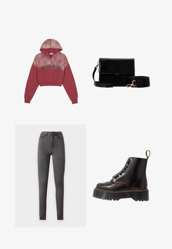 Even&Odd by Zalando Mikina - brown; Vysoký pás, slim-fit tmavosivé denimové rifle s vreckami vpredu aj vzadu, zapínanie na gombíky a viditeľné švy.; Dr. Martens SINCLAIR - Členkové čižmy na platforme - cherry red arcadia; Čierna faux kožená crossbody taška s krokodílou textúrou, zlatým kovovým zložením a odnímateľným popruhom. Obsahuje uzáver na klapku a vnútorný priestor.