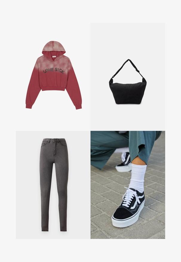 Even&Odd Sweatshirt - brown; Jean slim gris foncé taille haute en denim, avec poches devant et derrière, fermeture par boutons et détails de couture visibles.; Baskets en suède noir avec des accents et des lacets blancs, présentant une épaisse semelle blanche et des coutures contrastantes, associées à une chaussette blanche.; Sac à épaule en tissu noir avec une surface texturée douce, de forme arrondie et une seule sangle. Design minimaliste sans accessoires ni quincaillerie visibles.