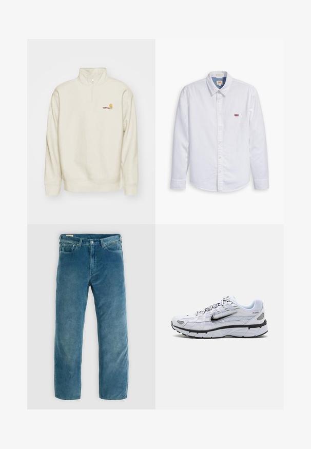 Cremefarvet pullover sweatshirt med høj krave, halvlukning og ribstrikkede manchetter. Har et lille orange og rødt logo på brystet.; Hvid langærmet skjorte med knapper lavet af bomuld. Har en spids krave og et lille rødt Levi's logo på venstre bryst. Glat tekstur.; Lysblå fløjlsjeans med lige ben, der har frontlommer, lynlåsgylf og subtile vertikale ribber i stofstrukturen.; Hvide løbesko med mesh-overdel, rund tå, sorte accenter og mønstret sål. Har snøring og branding på siden.