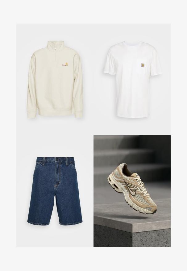 Crème-kleurige pullover sweatshirt met een hoge kraag, halve rits en geribde manchetten. Heeft een klein oranje en rood logo op de borst.; Witte katoenen t-shirt met korte mouwen, een borstzak en een klein vierkant logo-opdruk in oranje en wit op de zak.; Donkerblauwe denim shorts met een rechte snit. Voorzien van gele stiksels en een klassieke vijf-pocketontwerp. Normale tailleband en afgewerkte randen.; Beige en witte Nike hardloopschoen met mesh panelen en zwarte Swoosh, zwevend boven een betonnen richel met wazige trappen op de achtergrond.