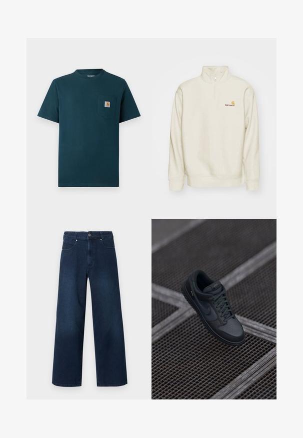 Crème-kleurige pullover sweatshirt met een hoge kraag, halve rits en geribde manchetten. Heeft een klein oranje en rood logo op de borst.; Donkerblauwe T-shirt met korte mouwen en ronde hals, voorzien van een borstzakje met een klein Carhartt-logo patch.; Donkerblauwe wijde denim jeans met knoop- en ritssluiting aan de voorkant, voor- en achterzakken, getoond tegen een witte achtergrond.; Zwarte leren Nike sneaker met een ronde neus, geperforeerde bovenkant en een gestructureerde rubberen zool. Inclusief veters en subtiele branding.