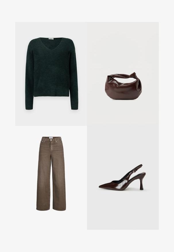 Mørkegrønn strikket sweater med V-hals, lange ærmer og ribbet kant. Blød tekstur, afslappet pasform og ingen synlige mønstre eller hardware.; Brune højttaljede viddebenjeans med frontknap og lynlås, for- og baglommer samt bæltestropper.; Brune patenterede læderslingback-sandaletter med spids tå, en tynd hæl og justerbar rem med en lille spænde.; Mørkebrun læder skuldertaske med en blød, afslappet form og et snoet knudehåndtag på en ensartet hvid baggrund.