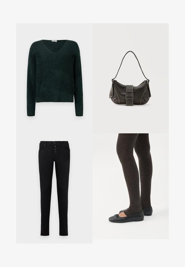 Pull en tricot vert foncé avec un col en V, des manches longues et un ourlet côtelé. Texture douce, coupe décontractée et sans motifs ni accessoires visibles.; Jean en denim noir avec une coupe slim, cinq poches et un bouton. Présente une texture lisse et des lignes épurées.; Jambes portant des leggings côtelés foncés associés à des ballerines noires avec de petits détails en nœud sur fond blanc.; Sac à épaule en cuir noir avec une sangle à boucle, des bords arrondis et des coutures blanches contrastées sur un fond uni.