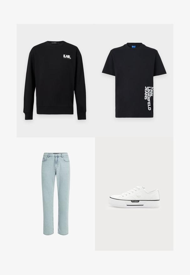 Schwarzes Sweatshirt mit langen Ärmeln und Rundhalsausschnitt, mit "KARL LAGERFELD" Logo in Weiß und Grau auf der oberen linken Brust.; Schwarzes kurzärmliges T-Shirt mit Rundhalsausschnitt und weißem, vertikal gedrucktem Schriftzug "KARL LAGERFELD JEANS" nahe der unteren rechten Seite.; KARL LAGERFELD DISNEY STRAIGHT-FIT - Jeans Straight Leg - light blue denim; Weißer Sneaker mit niedrigem Schaft, dicker Sohle, vorne Schnürung, schwarzem Streifendetail und Karl Lagerfeld Logo an der Seite und Fersenlasche.