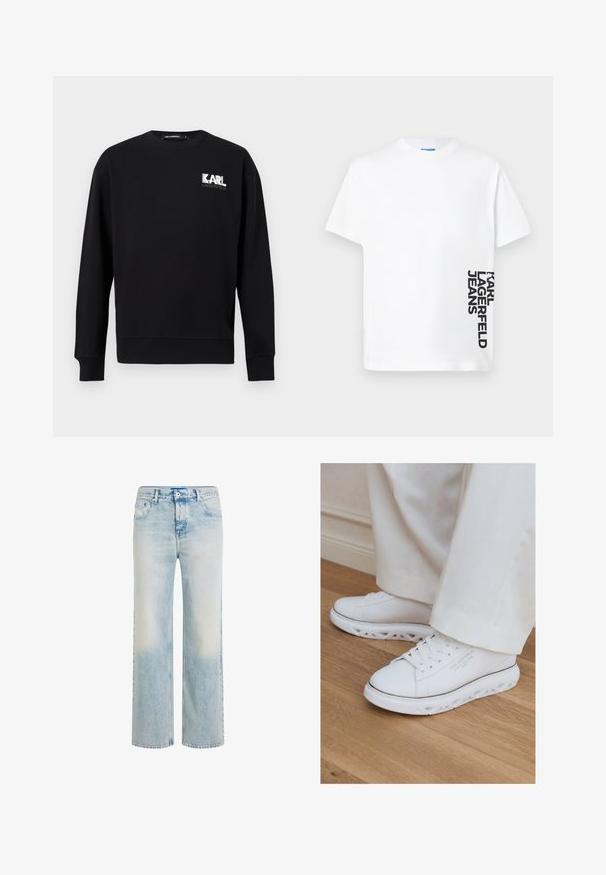 Schwarzes Sweatshirt mit langen Ärmeln und Rundhalsausschnitt, mit "KARL LAGERFELD" Logo in Weiß und Grau auf der oberen linken Brust.; Weißes T-Shirt mit kurzen Ärmeln und dem senkrecht am unteren rechten Rand aufgedruckten Schriftzug "KARL LAGERFELD JEANS" in Schwarz.; Hellblaue Jeans mit geradem Bein, verwaschenem Look, Vorderknopf- und Reißverschluss sowie Fünf-Taschen-Design.; Weiße Low-Top-Sneaker mit einzigartigen ausgeschnittenen Sohlen, getragen zu hellen Hosen auf einem Holzboden.