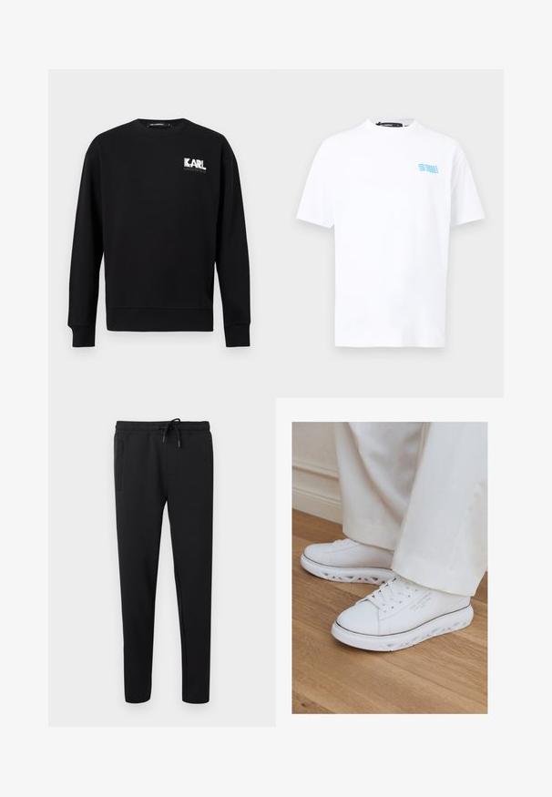 Sweat-shirt noir à manches longues avec col rond, arborant le logo "KARL LAGERFELD" en blanc et gris sur le côté gauche de la poitrine.; T-shirt blanc à manches courtes, col rond, avec le petit texte bleu "KARL LAGERFELD" répété quatre fois sur le côté gauche de la poitrine.; Pantalon de jogging noir à coupe slim avec taille élastique, cordon de serrage et poches latérales, présenté sur un fond clair uni.; Baskets basses blanches avec semelles découpées uniques portées avec un pantalon clair sur un sol en bois.