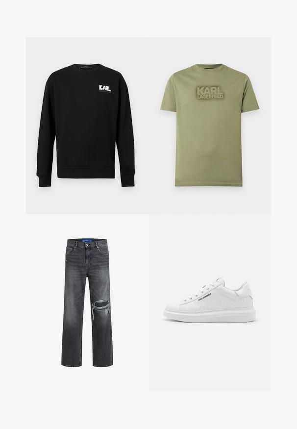 Zwarte lange mouwen trui met ronde hals, met het "KARL LAGERFELD" logo in wit en grijs op de bovenste linkerborst.; Olijfgroene T-shirt met korte mouwen en ronde hals, met het "KARL LAGERFELD" logo in bijpassende tint in reliëf op de borst.; Zwarte denim jeans met een ontspannen pasvorm, voorzien van verstoorde details en een wijde pijp. De textuur is glad met subtiele vervaging.; Witte sneaker van glad leer met een reliëfpatroon. Heeft een ronde neus, vetersluiting aan de voorkant, en een textuurzool. Zilveren logo detail aan de zijkant.