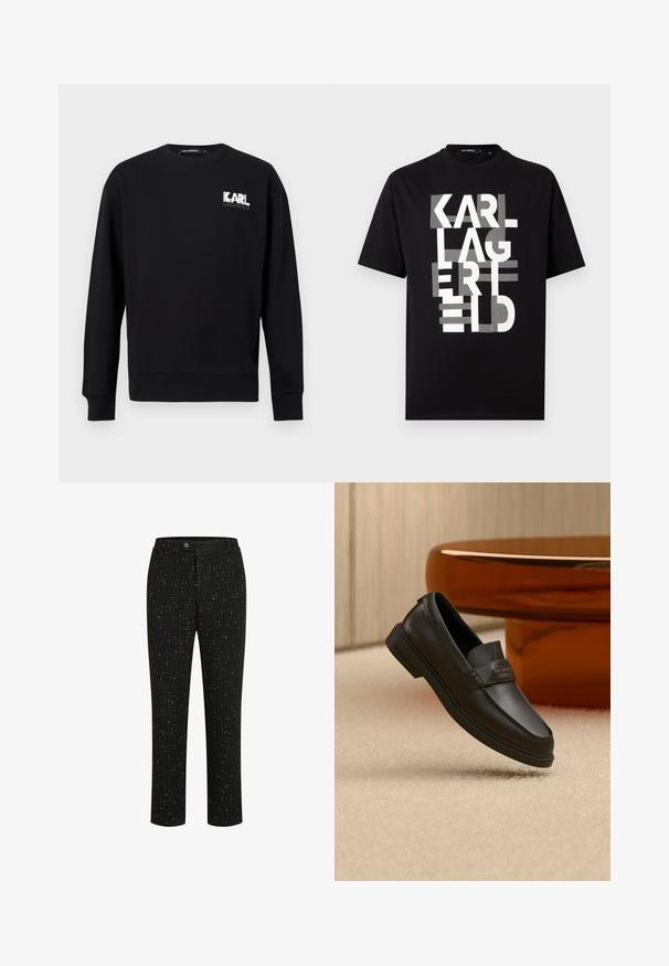 Zwarte lange mouwen trui met ronde hals, met het "KARL LAGERFELD" logo in wit en grijs op de bovenste linkerborst.; Zwart T-shirt met korte mouwen en grote witte gestileerde letters "KARL LAGERFELD" verticaal gestapeld op de voorkant.; Zwarte op maat gemaakte broek met een gestructureerd patroon van dunne verticale witte lijnen, een rechte snit en een knoopsluiting in de taille.; Zwarte leren instapperschoen met gestikte accenten, verhoogde kraag en een platte rubberen zool, geplaatst bovenop een zachte beige ondergrond.