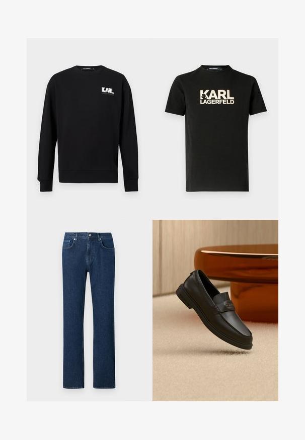 Čierna mikina s dlhými rukávmi a okrúhlym výstrihom, s logom "KARL LAGERFELD" v bielej a šedej farbe na ľavej hornej časti hrudníka.; Čierne bavlnené tričko s krátkymi rukávmi a okrúhlym výstrihom. Obsahuje zlatú potlač loga "KARL LAGERFELD" s kontúrou siluety.; Tmavomodré riflové nohavice so rovnim strihom, ktoré majú predné zapínanie na gombík, pútka na opasok a štandardný dizajn vreciek.; Čierna kožená obuv bez šnúrok s prešívanými detailmi, zvýšeným golierom a plochou gumovou podrážkou, umiestnená nad mäkkým béžovým povrchom.