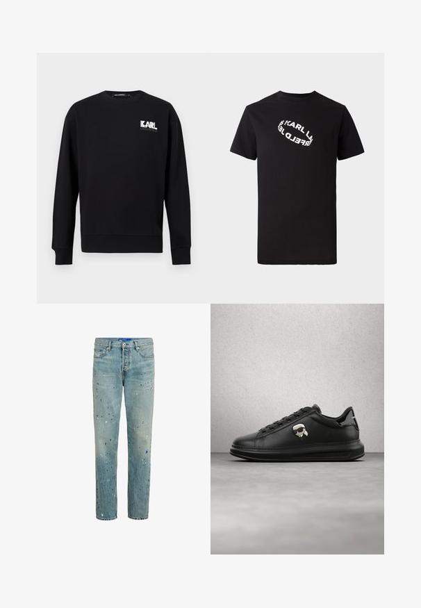 Zwarte lange mouwen trui met ronde hals, met het "KARL LAGERFELD" logo in wit en grijs op de bovenste linkerborst.; Zwarte katoenen t-shirt met korte mouwen en een ronde hals. Voorzien van een witte, vervormde logo-tekst gedrukt op de voorkant.; Lichtblauwe denim jeans met een rechte pijpdesign, voorzien van spattenverfaccenten in blauw, zwart en wit voor een versleten effect.; Persoon draagt zwarte leren broek en zwarte sneakers met een klein cartoonaccessoire aan de zijkant, staand op een houten vloer.