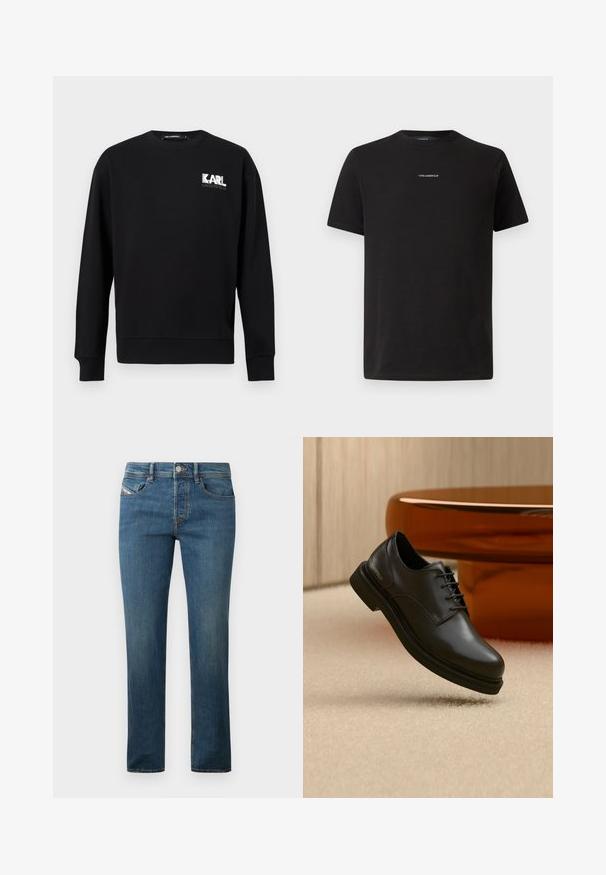 Musta pitkähihaisen collegepuseron jossa pyöreä pääntie, vasemmassa ylärinnassa valkoinen ja harmaa "KARL LAGERFELD"-logo.; Mustapaita, jossa on pyöreä kaula-aukko, lyhyet hihat ja pieni valkoinen "KARL LAGERFELD" -logo rinnassa. Yksinkertainen muotoilu.; Tummansinisiä farkkuja, joissa on suora lahje, viisi taskua ja hieno kuluminen. Varustettu metallinappilla ja vyölenkeillä.; Musta nahkainen nauhallinen kenkä kelluu beigen maton päällä, taustalla kiiltävä ruskea pyöreä esine.