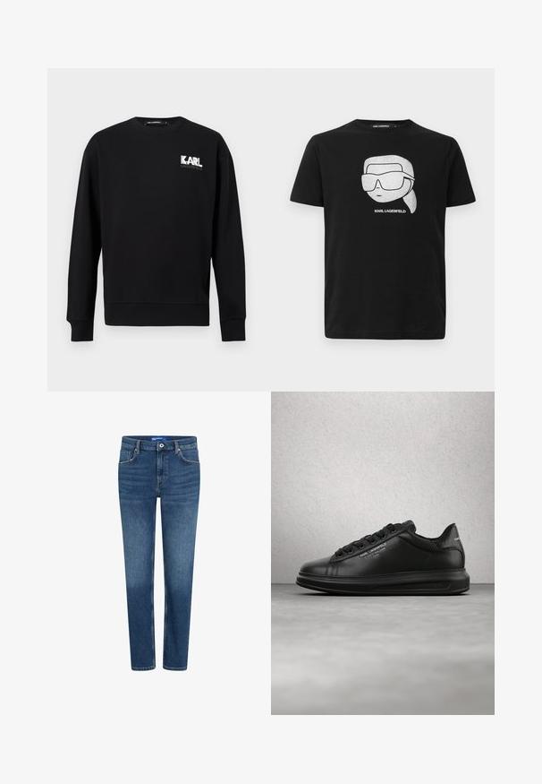 Schwarzes Sweatshirt mit langen Ärmeln und Rundhalsausschnitt, mit "KARL LAGERFELD" Logo in Weiß und Grau auf der oberen linken Brust.; Schwarzes Baumwoll-T-Shirt mit einem weißen Grafikdesign eines stilisierten Charakters, der große Sonnenbrillen trägt, und dem Text "KARL LAGERFELD" unter dem Bild.; Blaue Jeans aus Denim mit geradem Schnitt, klassischem Fünf-Taschen-Design und Reißverschluss. Verfügt über eine helle Waschung und subtile Ausbleichungen.; Person trägt schwarze Karl Lagerfeld Sneakers mit schwarzer Hose und steht auf einem Holzdielenboden vor einer weißen vertäfelten Wand.
