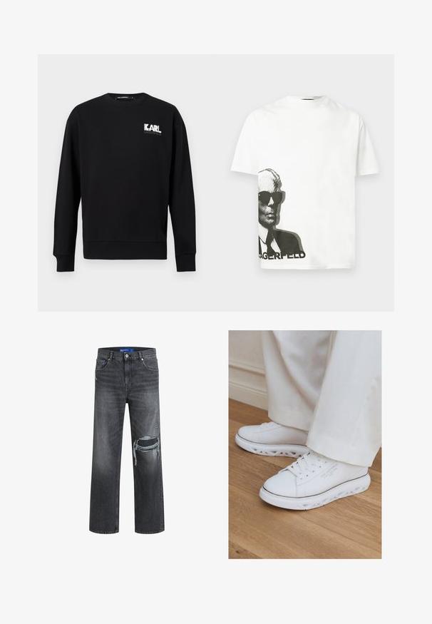 Sort langærmet sweatshirt med rund hals, med "KARL LAGERFELD" logo i hvid og grå på øverste venstre bryst.; Hvid T-shirt med korte ærmer og sort grafik af en mand iført solbriller og jakkesæt, trykt på den nederste venstre side over delvis tekst.; Sorte denim jeans med en afslappet pasform, der har slidte detaljer og brede ben. Teksturen er glat med diskret falming.; Hvide lave sneakers med unikke udskårne såler båret med lystfarvede bukser på et trægulv.