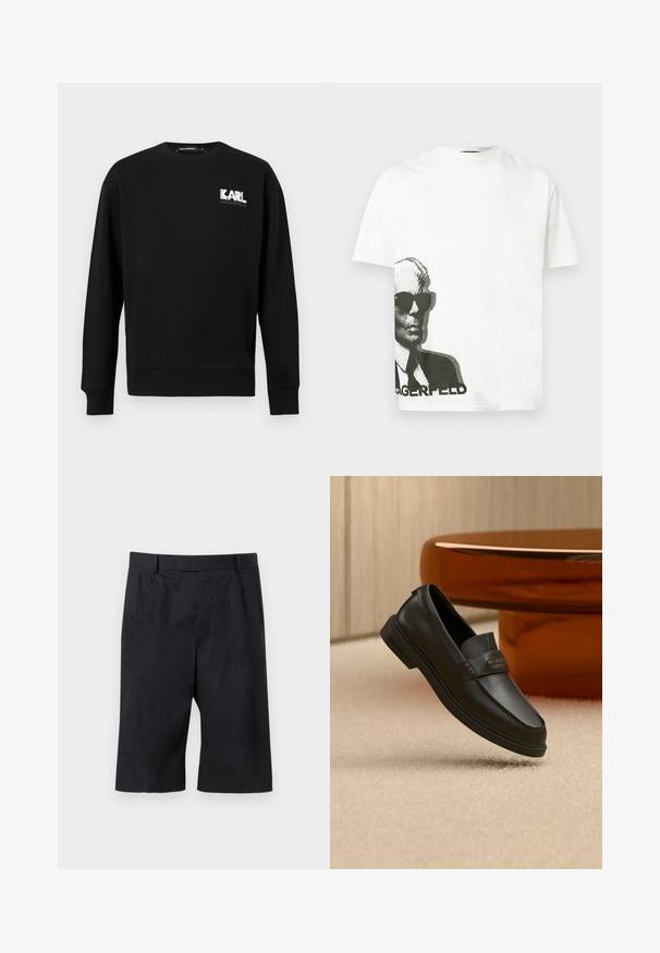 Sweat-shirt noir à manches longues avec col rond, arborant le logo "KARL LAGERFELD" en blanc et gris sur le côté gauche de la poitrine.; T-shirt blanc à manches courtes avec un graphisme noir représentant un homme portant des lunettes de soleil et un costume, imprimé sur la partie inférieure gauche au-dessus d'un texte partiel.; Shorts noirs sur mesure longueur genou avec passants pour ceinture et plis à l'avant, posés à plat sur un fond gris clair.; Chaussure noire en cuir à enfiler avec des accents cousus, un col relevé et une semelle en caoutchouc plate, positionnée au-dessus d'une surface beige douce.