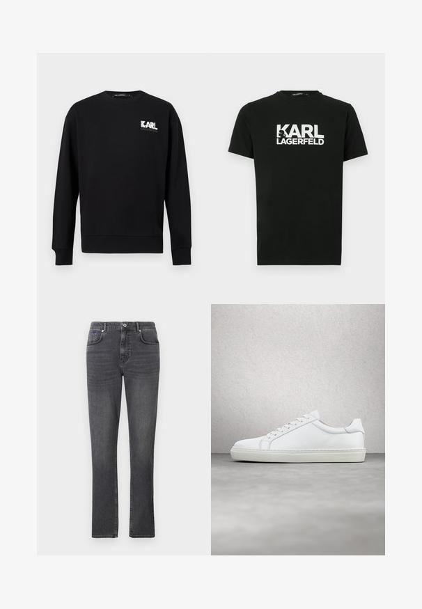 Čierna mikina s dlhými rukávmi a okrúhlym výstrihom, s logom "KARL LAGERFELD" v bielej a šedej farbe na ľavej hornej časti hrudníka.; Čierne bavlnené tričko s krátkymi rukávmi, vybavené bielym logom "KARL LAGERFELD" a siluetovým detailom. Dizajn s okrúhlym výstrihom.; Šedé denimové džínsy s rovnými nohavicami, päť vreciek a jemnými švovými detailmi. Tkanina má hladkú textúru.; Biele tenisky s hladkým koženým zvrškom a nízkym profilom. Majú zaoblenú špičku, šesť očiek a štruktúrovanú gumovú podrážku.