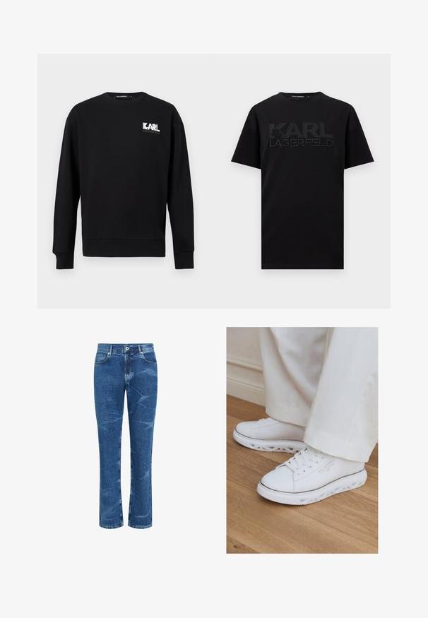 Sudadera negra de manga larga con cuello redondo, con el logo "KARL LAGERFELD" en blanco y gris en la parte superior izquierda del pecho.; Camiseta negra de manga corta y cuello redondo con el logotipo en relieve "KARL LAGERFELD" en alto relieve sobre el pecho.; Jeans de mezclilla azul con corte recto en las piernas, detalles descoloridos y arrugados, cierre frontal con botón y cremallera, y bolsillos delanteros y traseros.; Zapatillas blancas bajas con suelas recortadas únicas, usadas con pantalones de color claro sobre un suelo de madera.