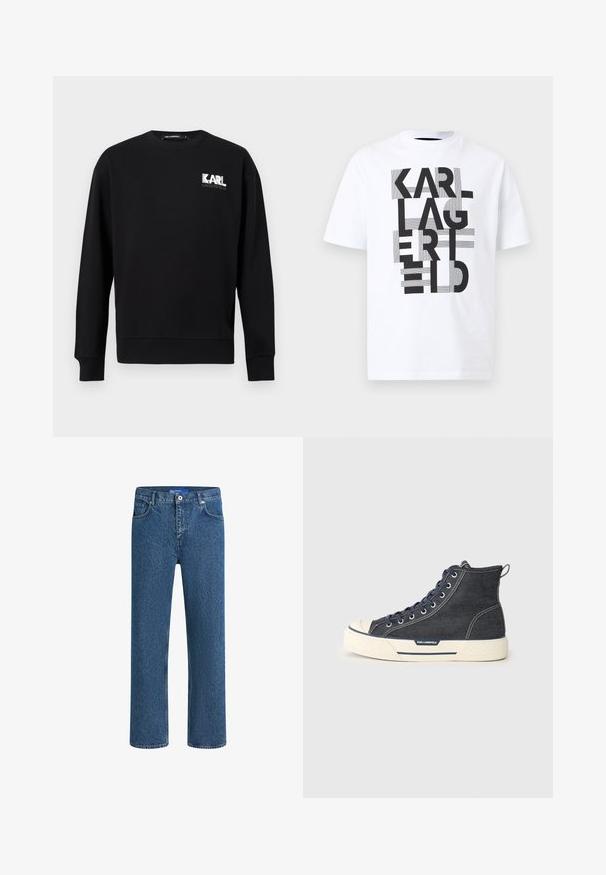 Zwarte lange mouwen trui met ronde hals, met het "KARL LAGERFELD" logo in wit en grijs op de bovenste linkerborst.; Wit T-shirt met korte mouwen met dikke zwarte tekst "KARL LAGERFELD" verticaal gerangschikt, met horizontale gestreepte accenten op een effen achtergrond.; Blauwe denim jeans met een rechte pasvorm, voorzakken en een ritsluiting. De stof heeft een klassieke wassingen met subtiele vervaging en stikseldetails.; Hoge sneakers van donker denim met een crème rubberen zool, voorzien van marineblauwe veters en een trekhaak aan de achterkant. Logo op de zijkant.