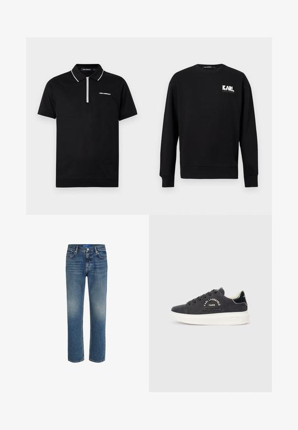 Sweat-shirt noir à manches longues avec col rond, arborant le logo "KARL LAGERFELD" en blanc et gris sur le côté gauche de la poitrine.; Polo noir à manches courtes avec bordure blanche sur le col et les manches, fermeture éclair à moitié devant et logo "KARL LAGERFELD" sur la poitrine.; Jeans en denim bleu avec une coupe droite, délavage léger sur les cuisses, design à cinq poches, fermeture à bouton en métal et ourlets cousus.; Baskets en daim gris foncé avec des semelles en caoutchouc blanc, présentant des coutures décoratives et un logo sur le côté. Accents noirs lisses sur le talon.