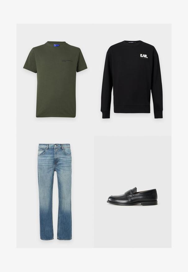 Sudadera negra de manga larga con cuello redondo, con el logo "KARL LAGERFELD" en blanco y gris en la parte superior izquierda del pecho.; Camiseta de algodón verde oliva con mangas cortas, cuello redondo y un pequeño logo impreso oscuro en la parte izquierda del pecho. Diseño sencillo.; Vaqueros de mezclilla azul claro con diseño de pierna recta, detalles desgastados, cinco bolsillos y cierre frontal con botón. Costuras visibles a lo largo de las costuras.; Mocasines de cuero negro con punta redondeada, detalles cosidos y suela plana de goma. Presentan una banda ancha sobre el empeine.