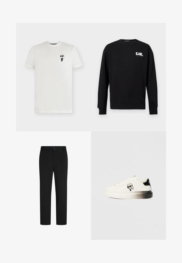 Sweat-shirt noir à manches longues avec col rond, arborant le logo "KARL LAGERFELD" en blanc et gris sur le côté gauche de la poitrine.; T-shirt blanc à manches courtes et col rond avec une petite figure de dessin animé en noir et blanc portant des lunettes de soleil et un costume sur la poitrine gauche.; Pantalons noirs à jambes droites avec fermeture à bouton et à zip, passants de ceinture, et sans poches visibles.; Baskets blanches avec une tige en cuir lisse, accents noirs au niveau du talon et un logo de dessin animé. Elles présentent une semelle épaisse et légèrement transparente.