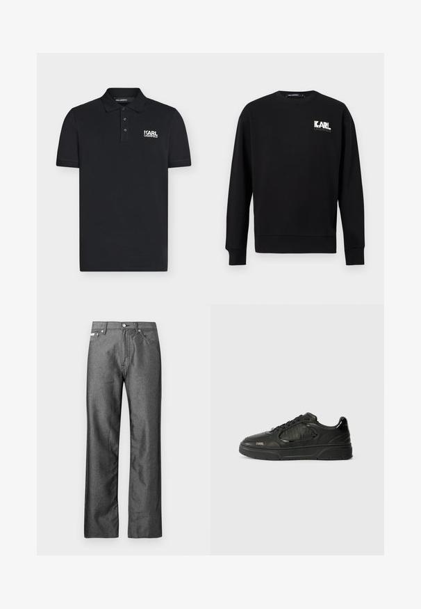 Sweat-shirt noir à manches longues avec col rond, arborant le logo "KARL LAGERFELD" en blanc et gris sur le côté gauche de la poitrine.; Polo noir à manches courtes avec trois boutons et logo blanc "KARL LAGERFELD" sur la poitrine gauche.; Jean en denim gris avec une coupe droite, cinq poches, et des accents en boutons métalliques et rivets. Présente une texture subtile.; Baskets basses noires avec des panneaux texturés, lacets à l'avant, semelle en caoutchouc et logo "KARL" sur le côté et l'onglet du talon.