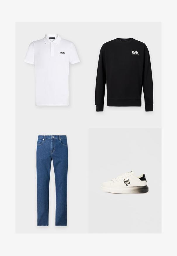Sweat-shirt noir à manches longues avec col rond, arborant le logo "KARL LAGERFELD" en blanc et gris sur le côté gauche de la poitrine.; Polo blanc à manches courtes avec col et trois boutons, avec un logo noir "KARL LAGERFELD" sur la poitrine gauche.; Jean denim bleu à jambes droites avec fermeture par bouton et zip à l'avant, poches avant et arrière, présenté sur un fond blanc uni.; Baskets blanches avec une tige en cuir lisse, accents noirs au niveau du talon et un logo de dessin animé. Elles présentent une semelle épaisse et légèrement transparente.