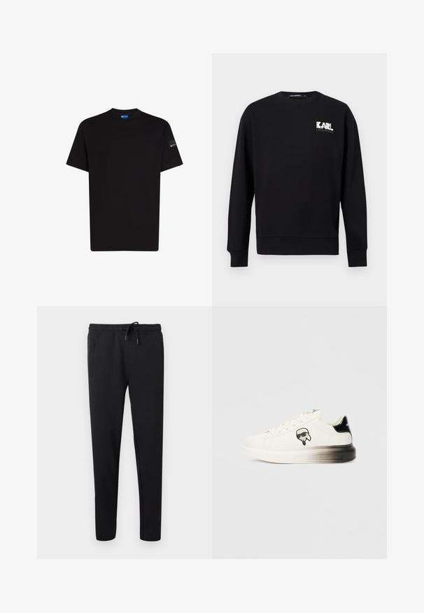 Sort langærmet sweatshirt med rund hals, med "KARL LAGERFELD" logo i hvid og grå på øverste venstre bryst.; Sort bomulds t-shirt med korte ærmer, rund halsudskæring og en lille mærke detalje på venstre ærme. Glat tekstur, standard pasform.; Sorte joggerbukser med slim fit, elastisk talje, snøre og sidelommer, vist mod en ensfarvet lys baggrund.; Hvide sneakers med en glat læderoverdel, sorte accenter på hælen og et tegneserie-logo. Har en kraftig, let gennemsigtig sål.